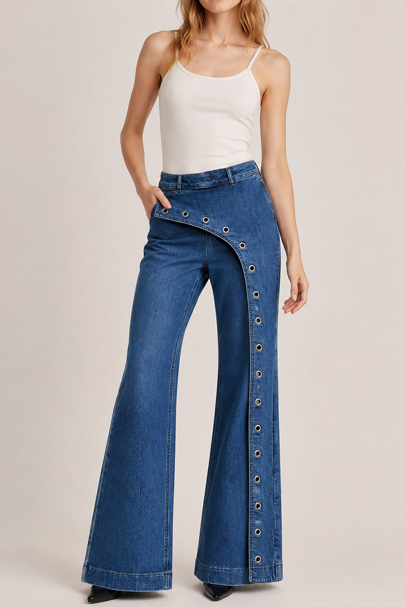Asymmetric Eyelet Flare Baggy Jeans