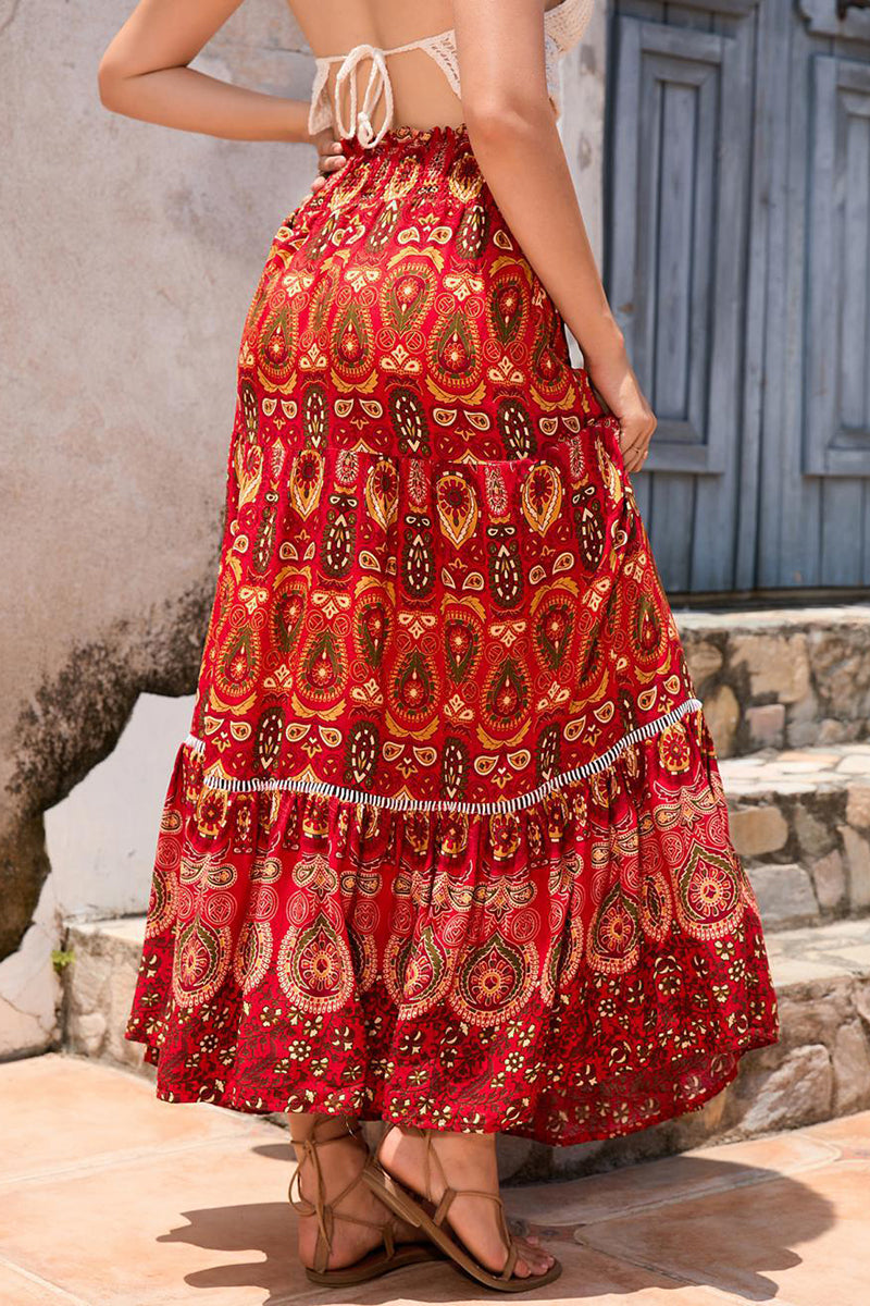 Boho Print Elastic Waist Midi Skirt