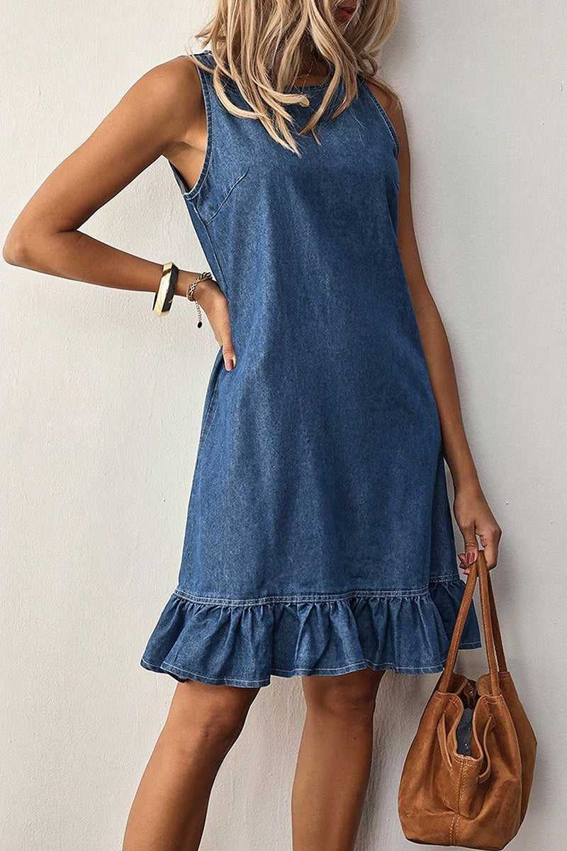 Button-Back Ruffle Hem Denim Dress