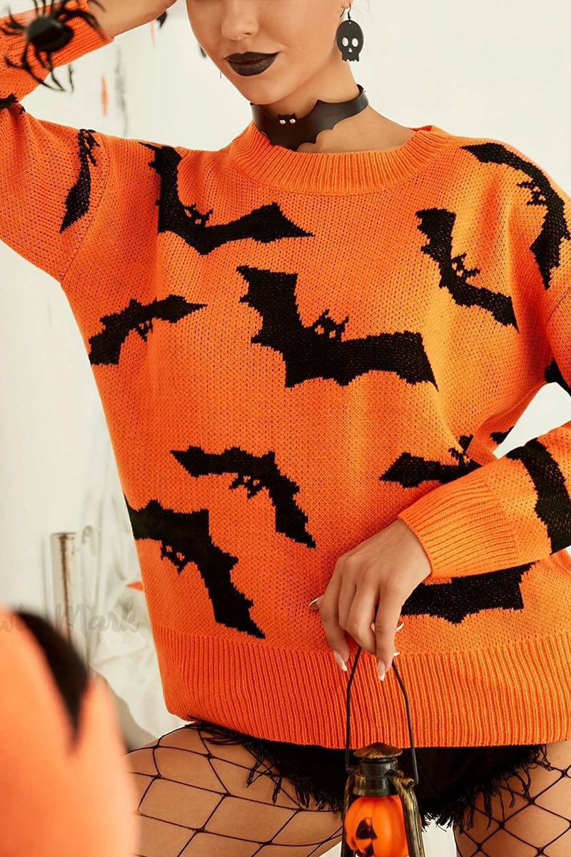 Bat Print Crew Neck Knit Sweater