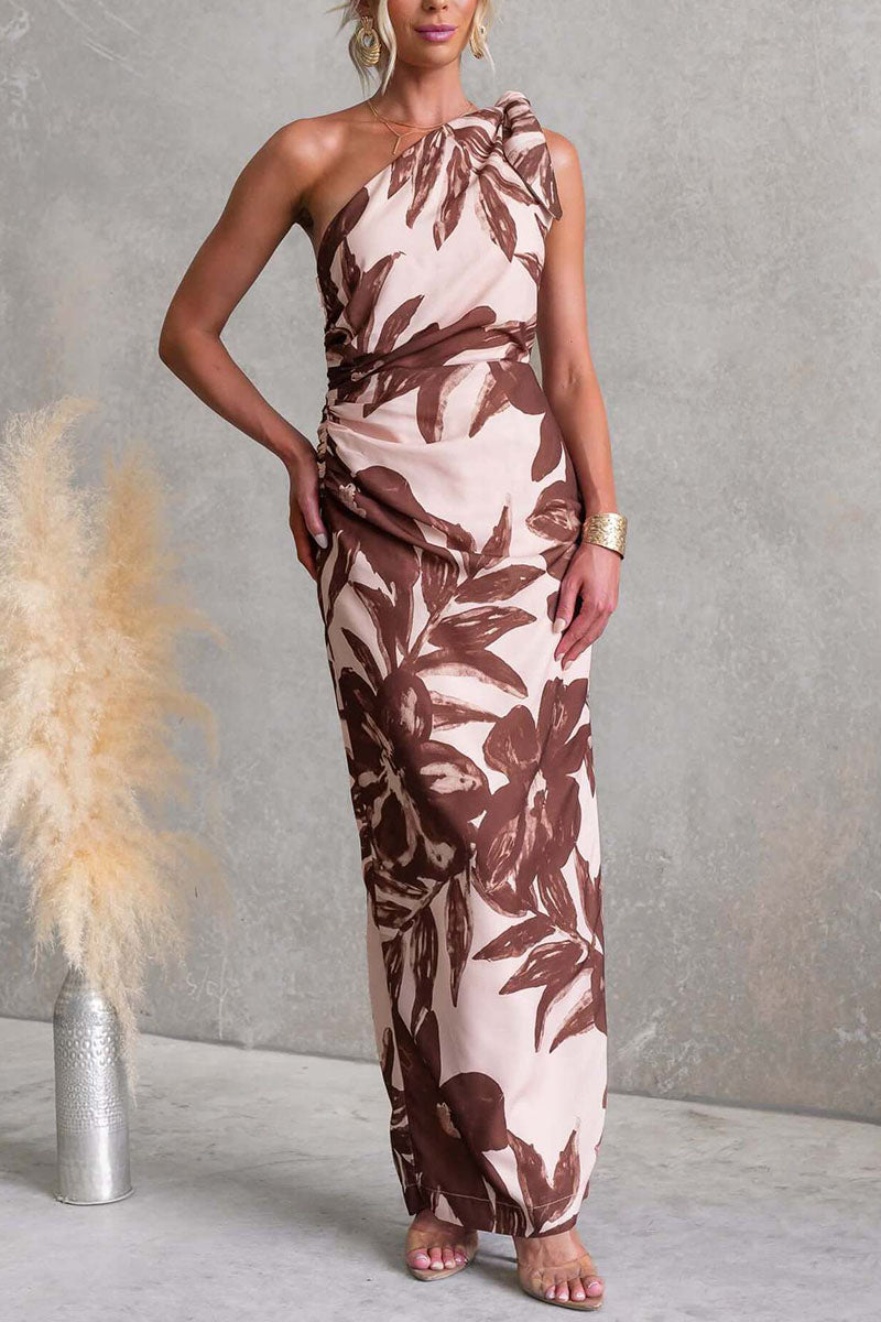 Botanical Print One-Shoulder Dress