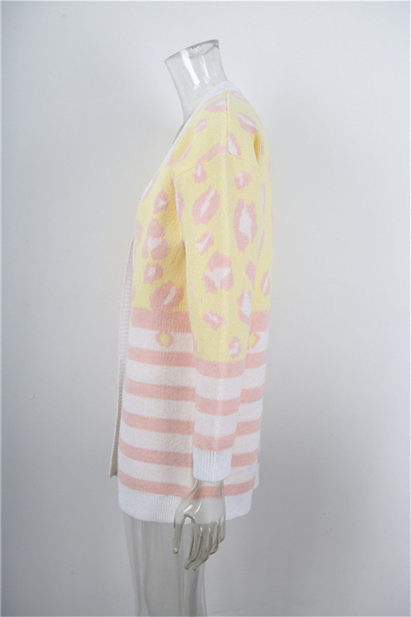 Animal Print Striped Open Front Cardigan