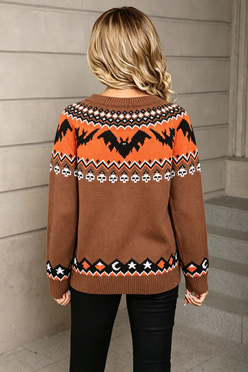 Bat Print Crew Neck Knit Sweater