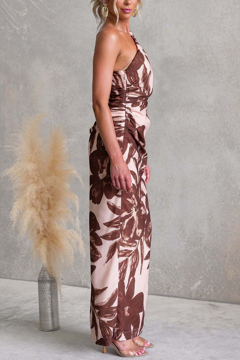 Botanical Print One-Shoulder Dress