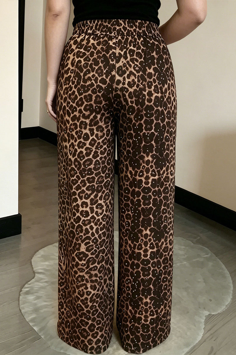 Animal Print Drawstring Wide Leg Casual Pants
