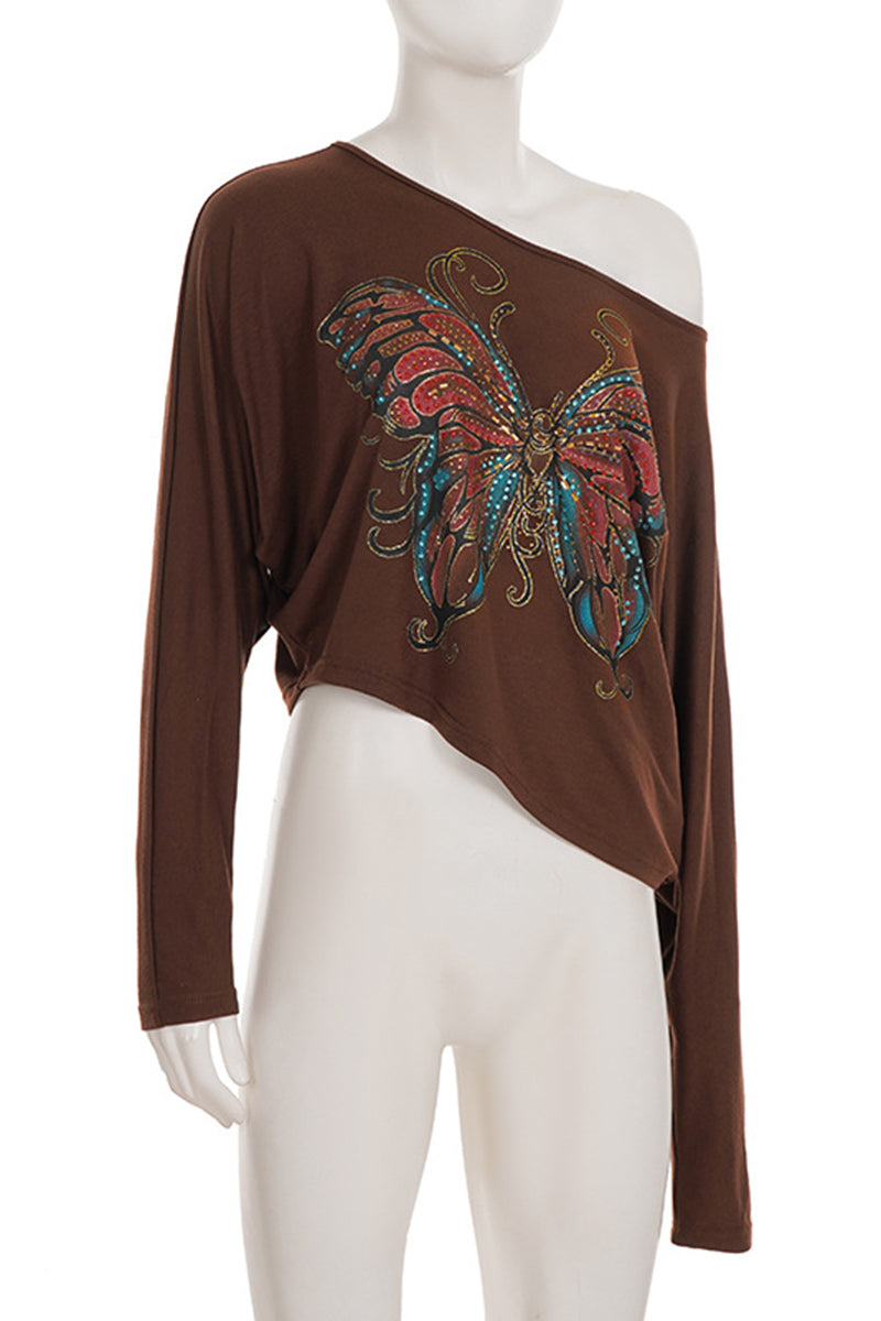 Butterfly Print Off-Shoulder Tee