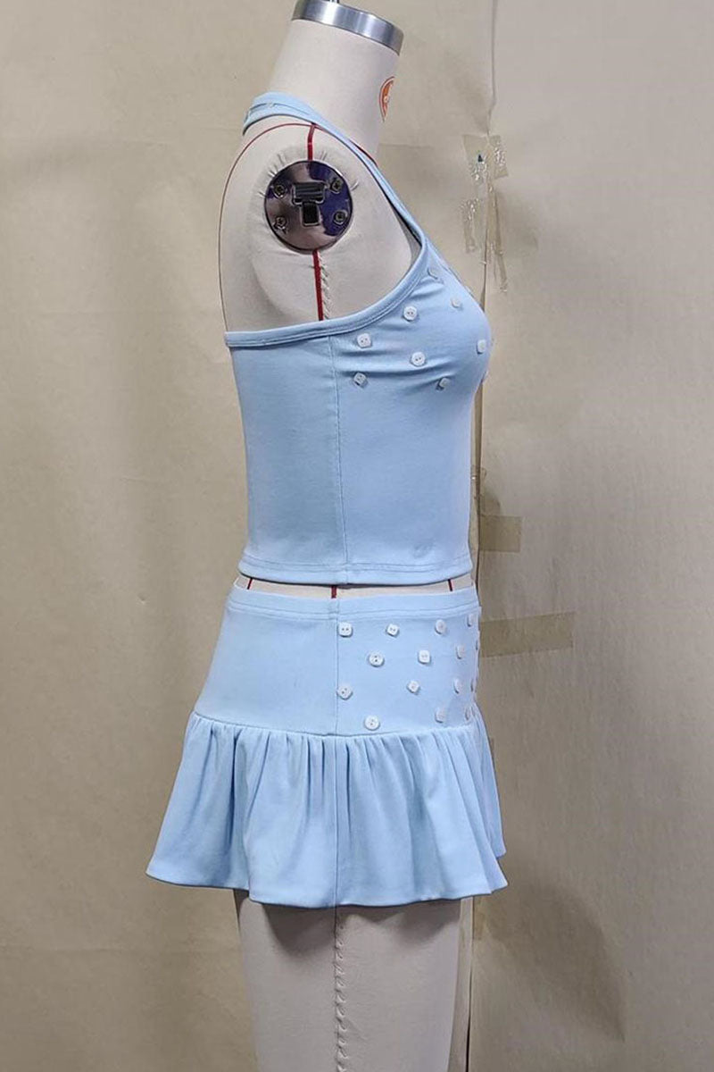 Button Detail Halter Crop Top and Ruffle Skirt Set