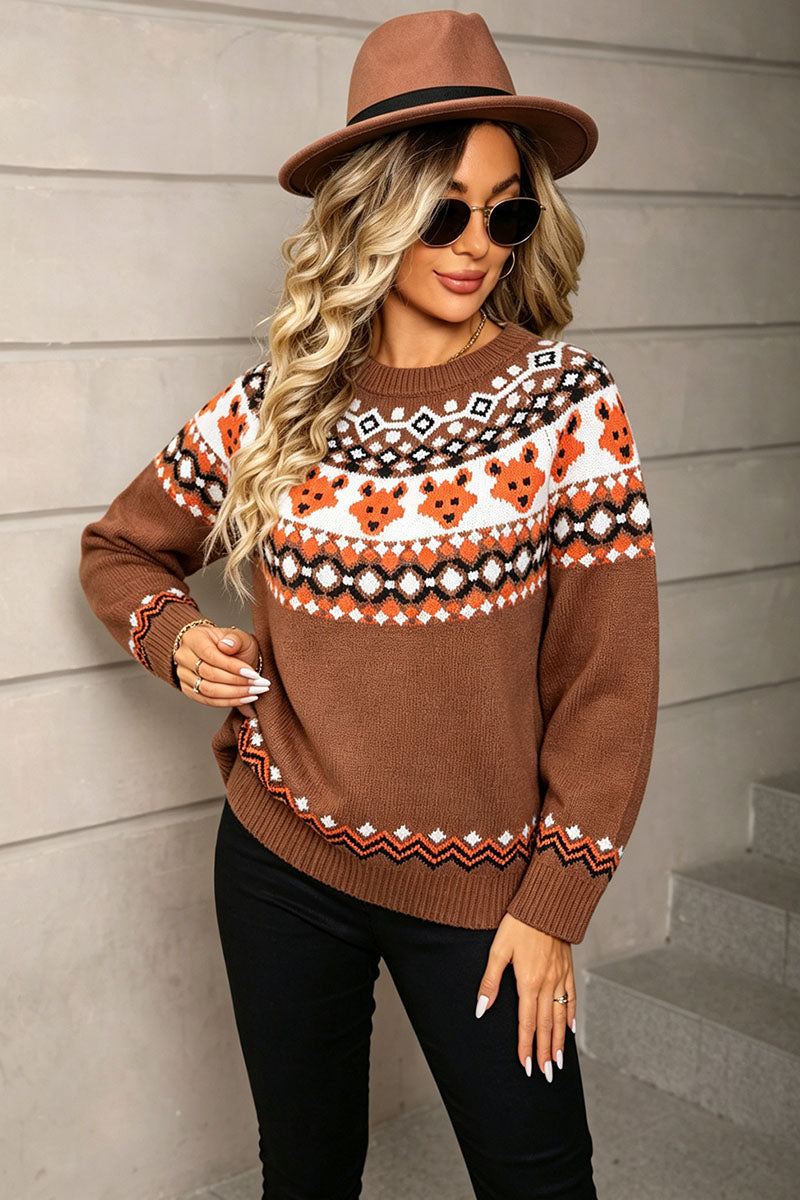 Bear Print Crew Neck Knit Sweater