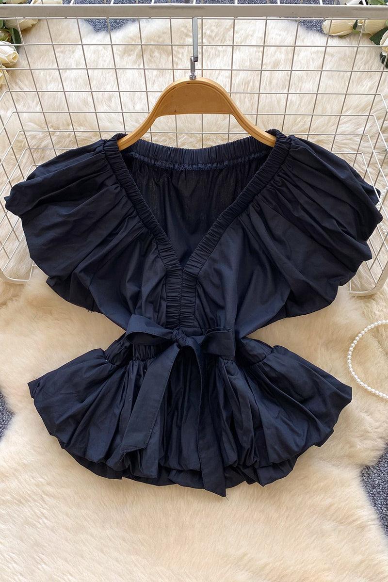 Bow Detail V-Neck Ruched Shirt