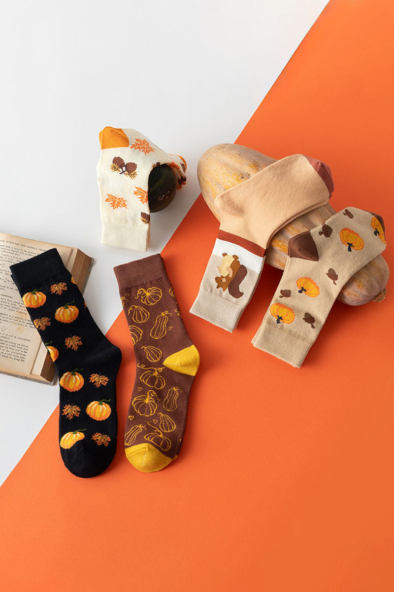 Autumn Pumpkin Squirrel Knit Socks