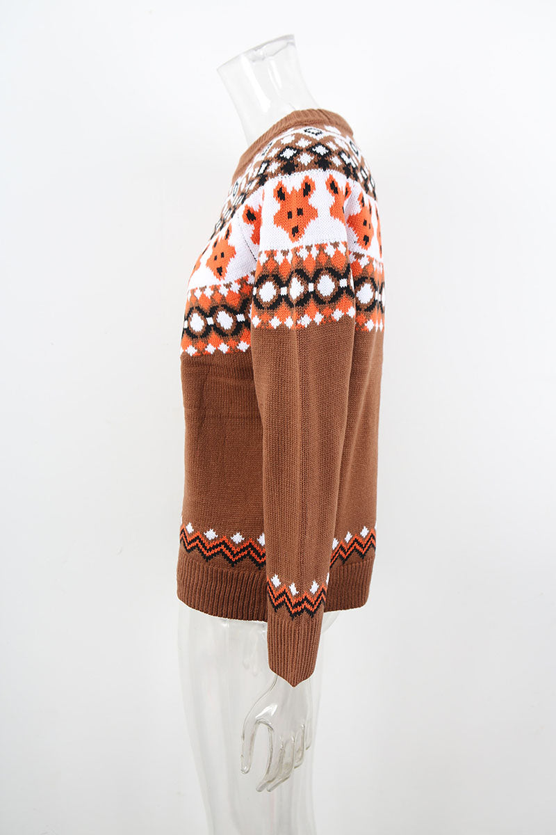 Bear Print Crew Neck Knit Sweater