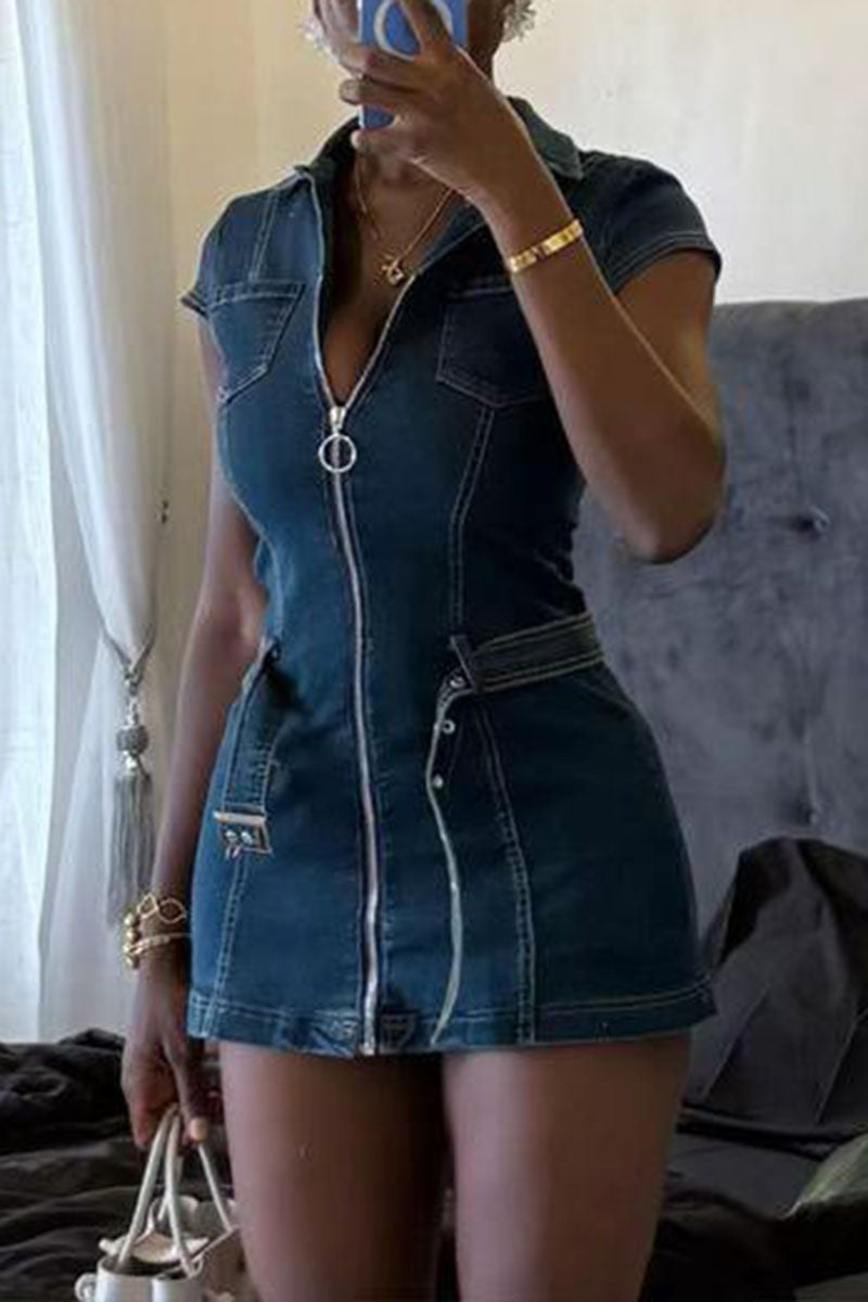 Belted Zip Front Denim Dress