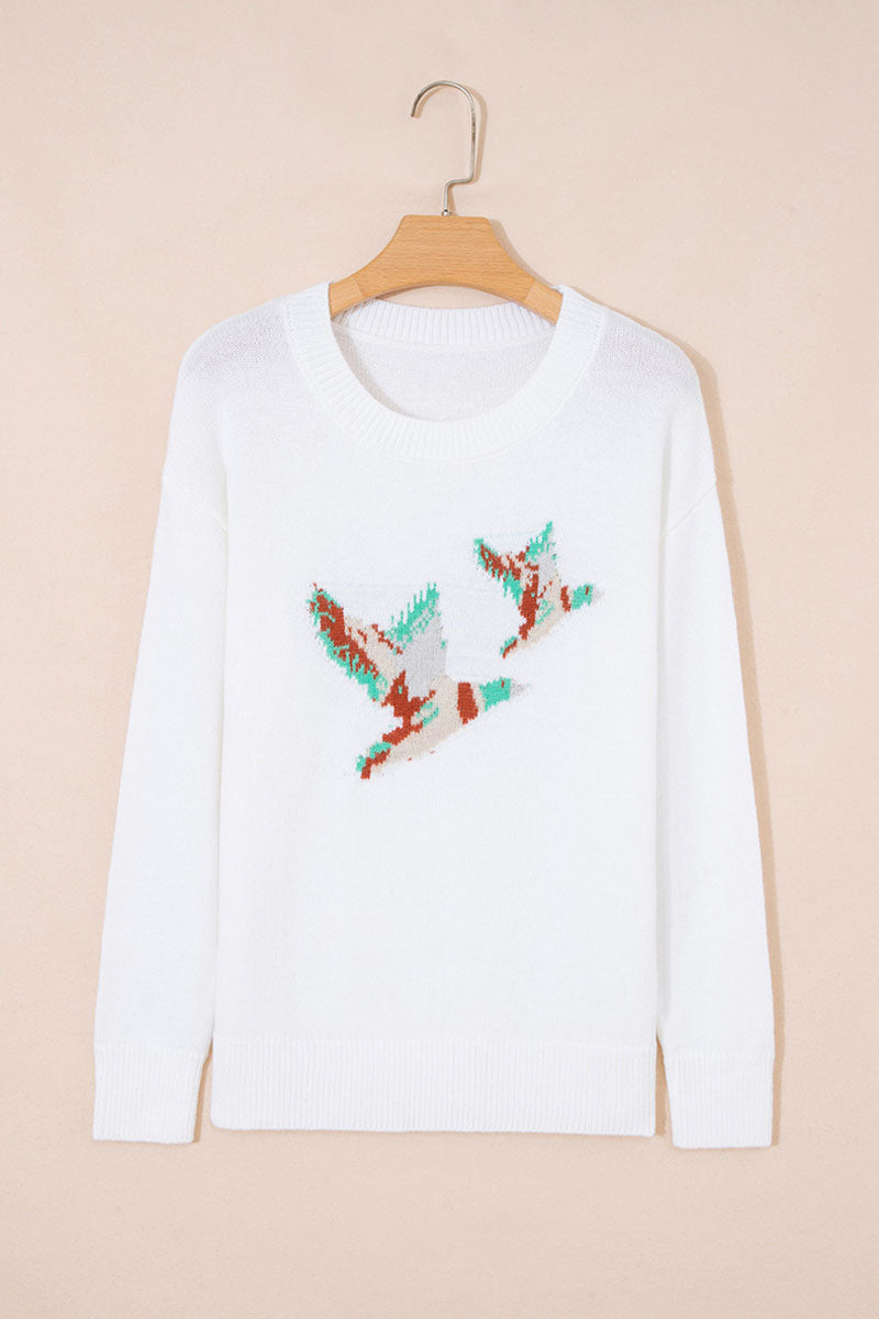 Bird Intarsia Crew Neck Knit Sweater
