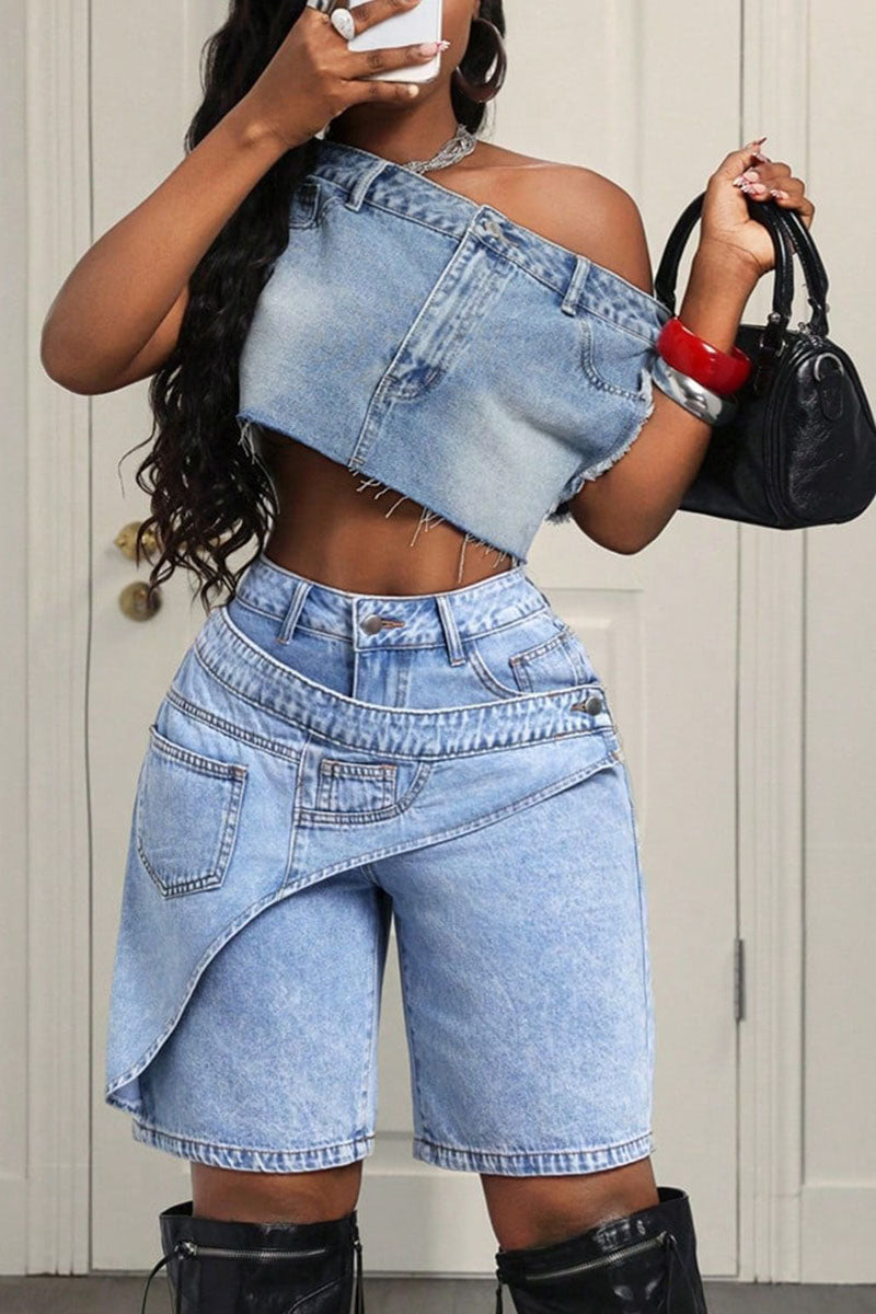 Asymmetrical Denim Shorts