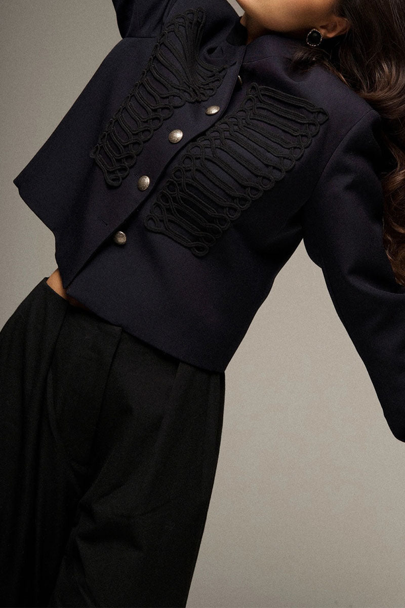 Braided Trim Button Front Crop Coat
