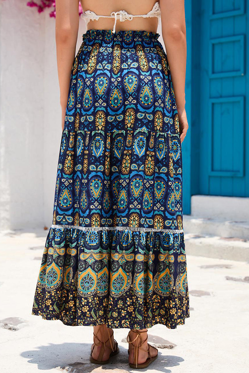 Boho Print Elastic Waist Midi Skirt