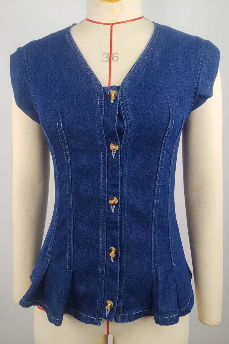 Button V-Neck Denim Vest