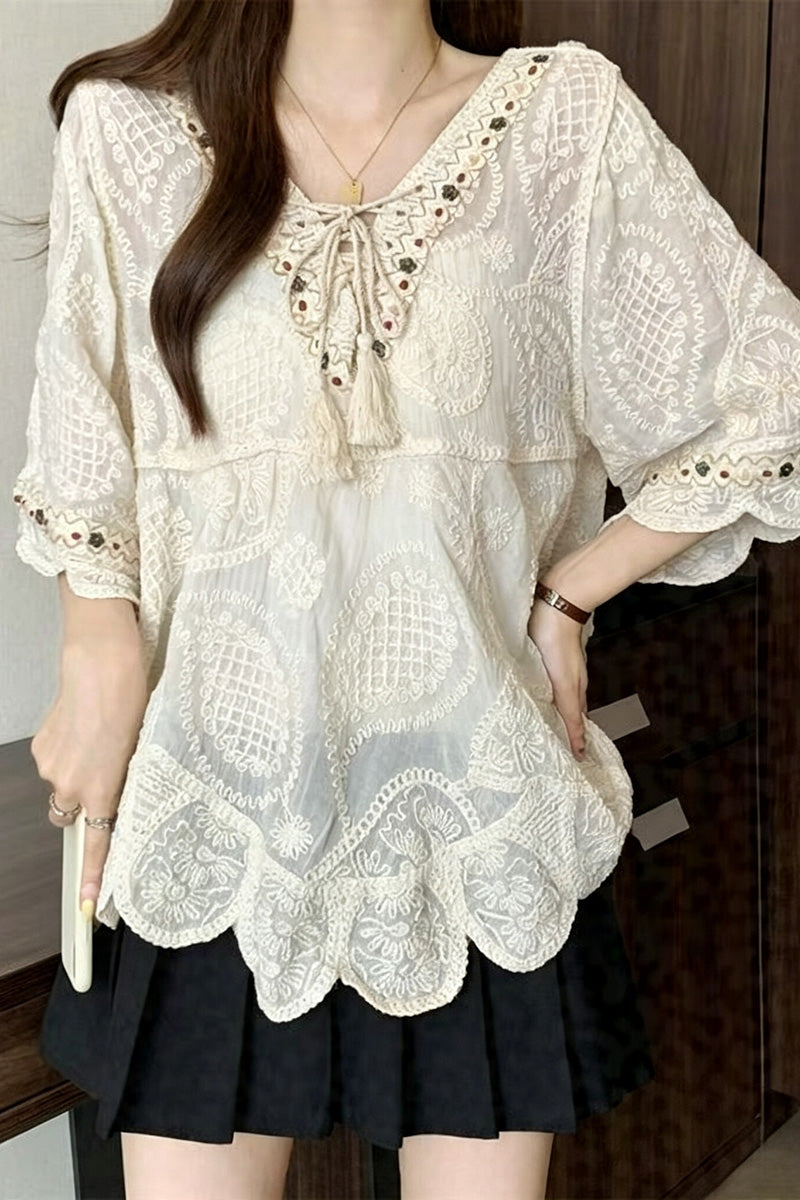 Boho Beaded Tie-Front Bell Sleeve Top