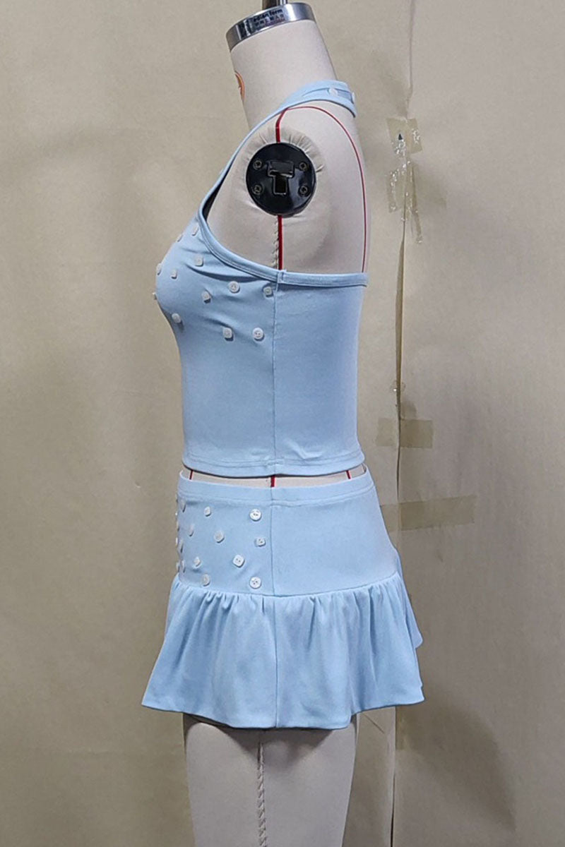 Button Detail Halter Crop Top and Ruffle Skirt Set