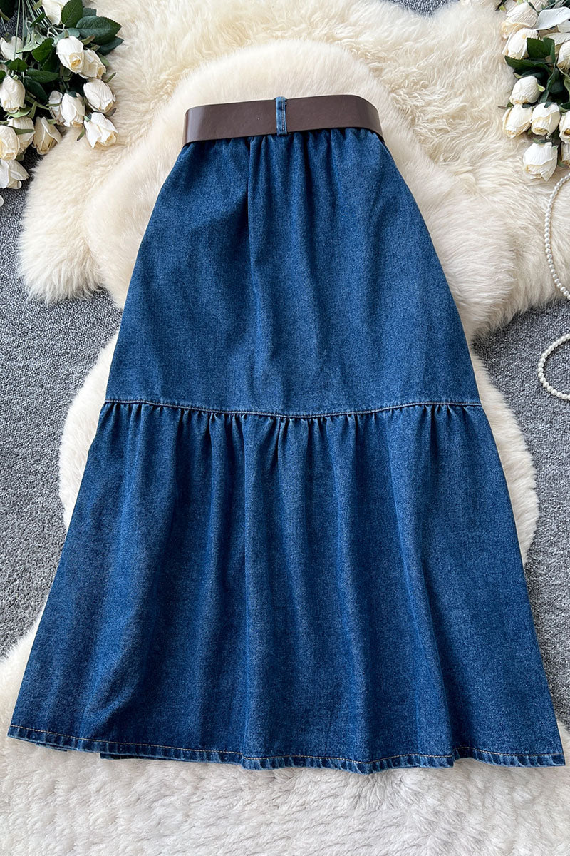 Button Front Slit Denim Skirt