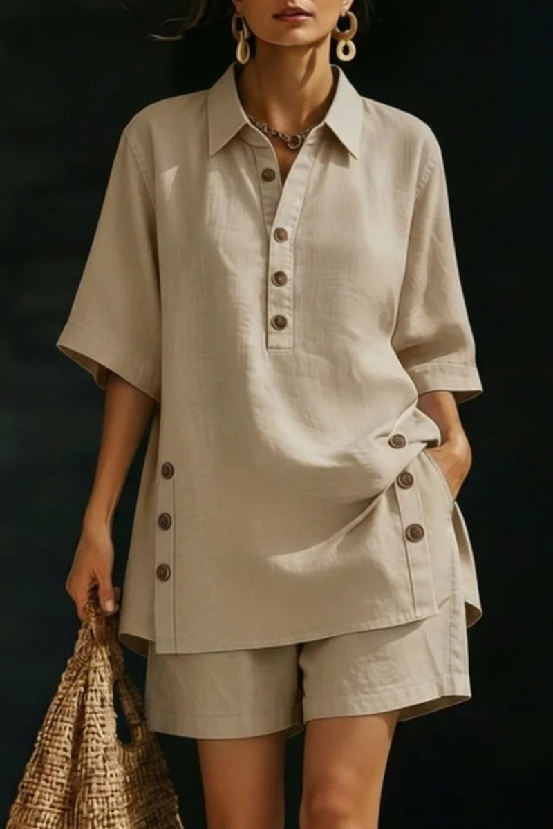 Button-Detail Relaxed Fit Shirt and Shorts Set