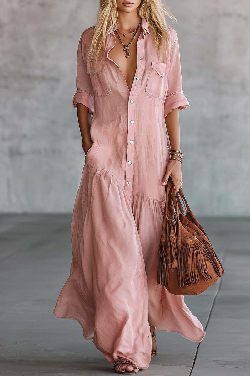 Button Down Collar Tiered Maxi Casual Dress
