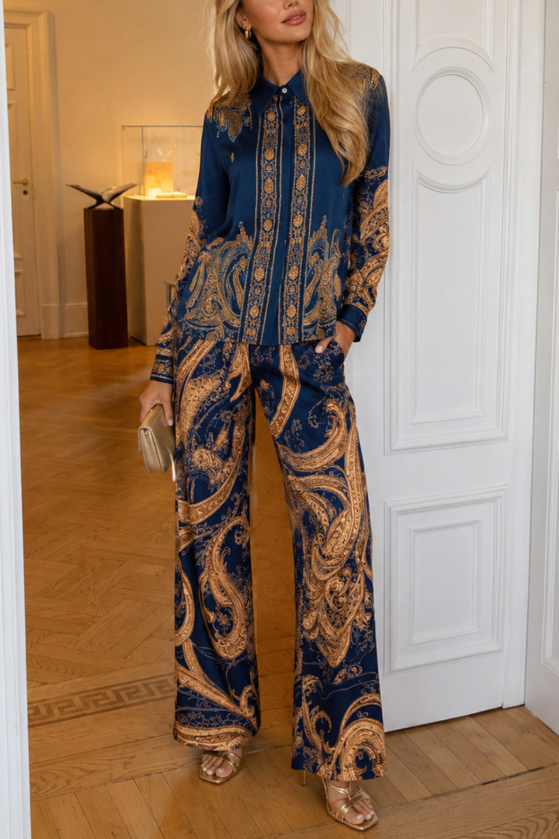 Baroque Print Collared Wide-Leg Pants Set