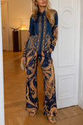 Baroque Print Collared Wide-Leg Pants Set
