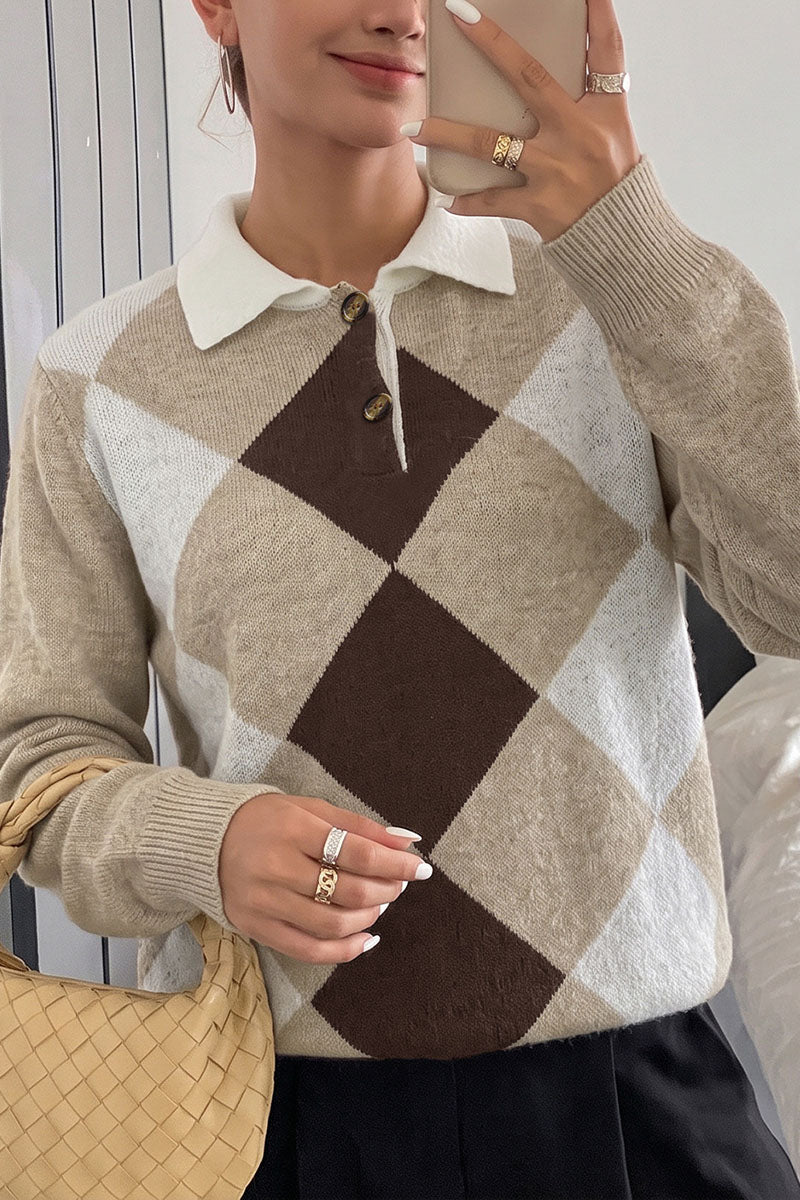 Argyle Knit Polo Collar Sweater