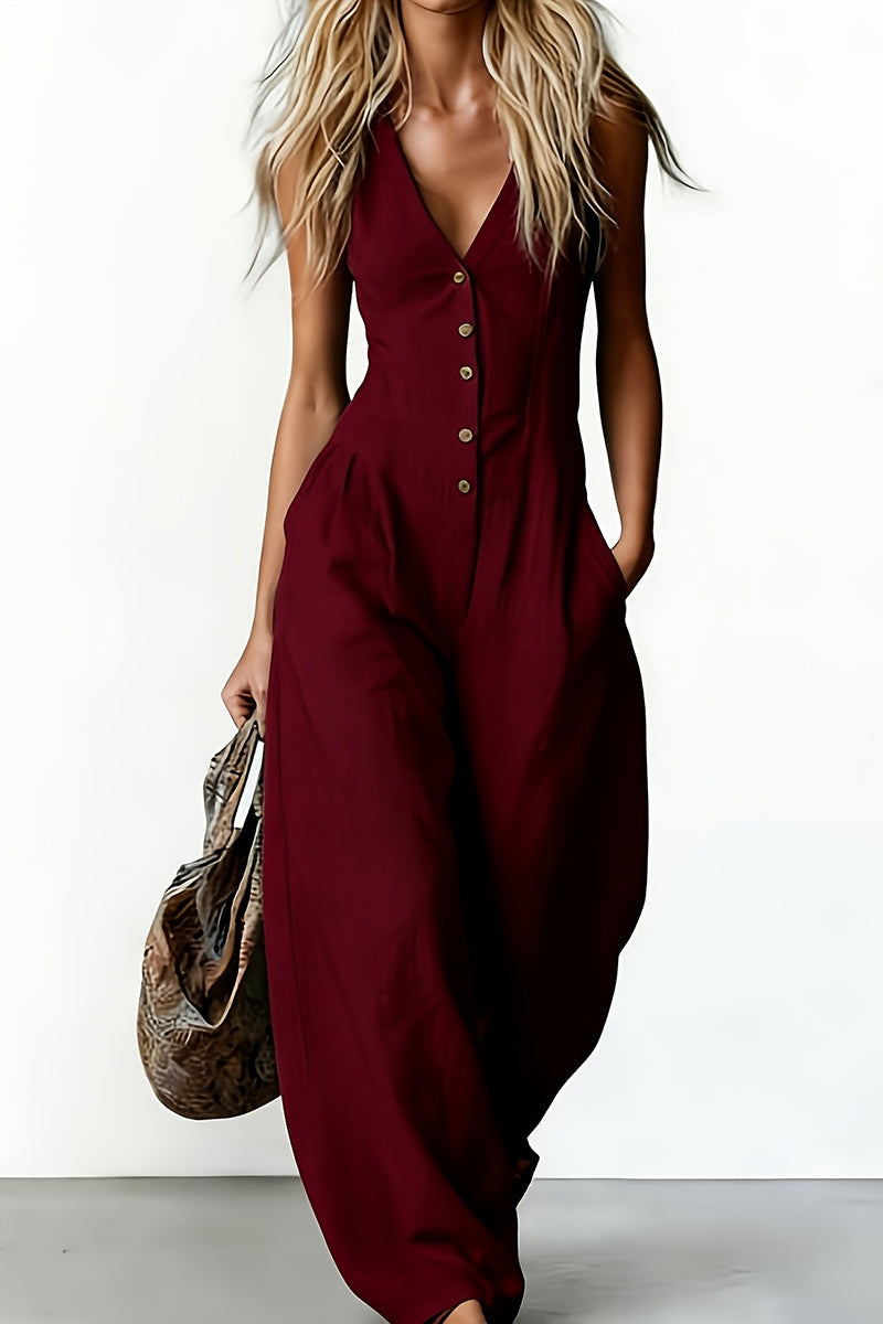 Button Front Deep V-Neck Wide Leg Jumpsuit