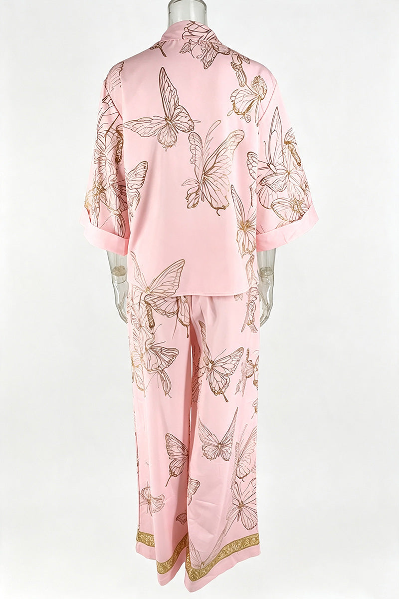 Butterfly Print Zip Front Wide Leg Pants Set