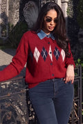 Argyle Knit Denim Collar Cardigan