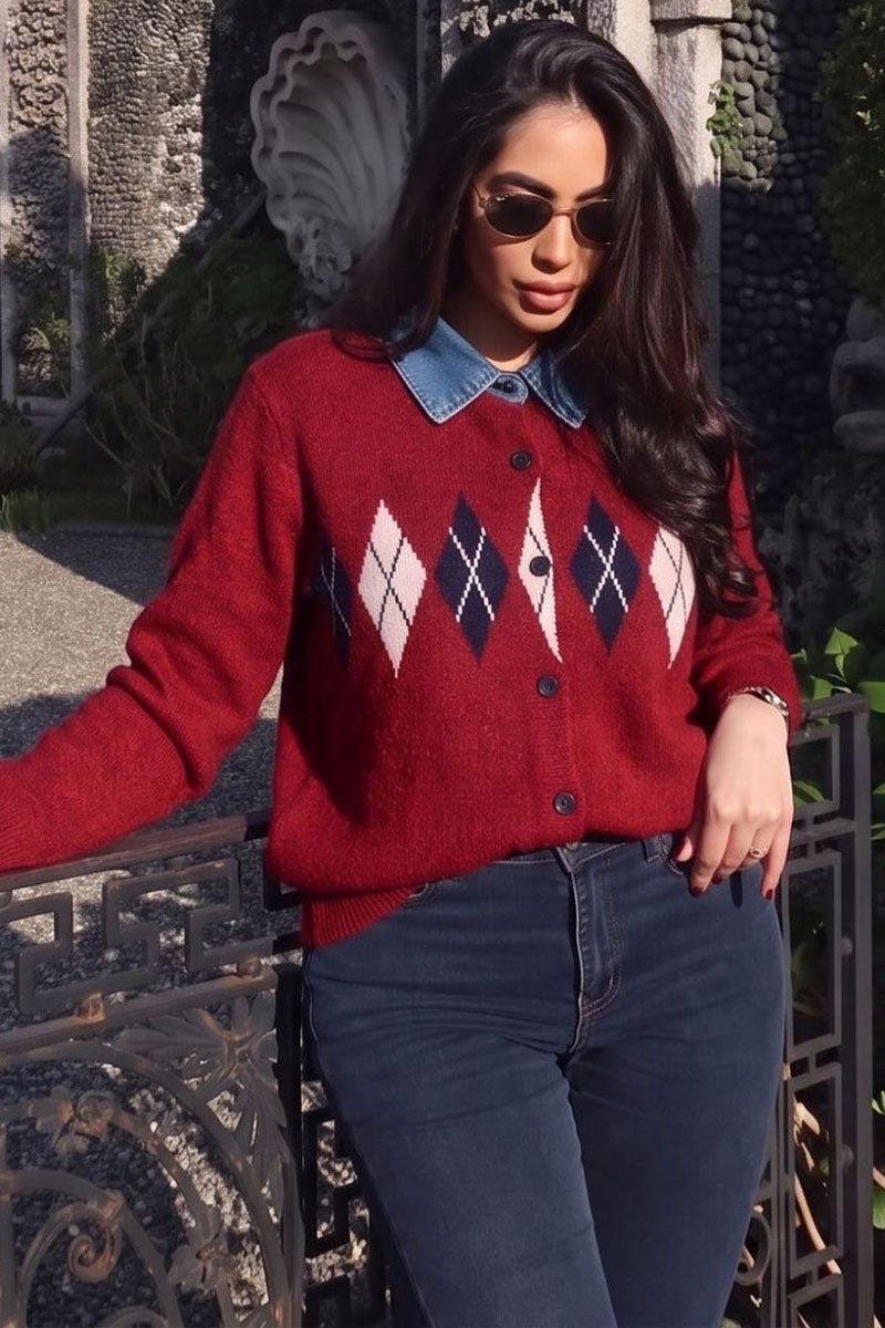 Argyle Knit Denim Collar Cardigan