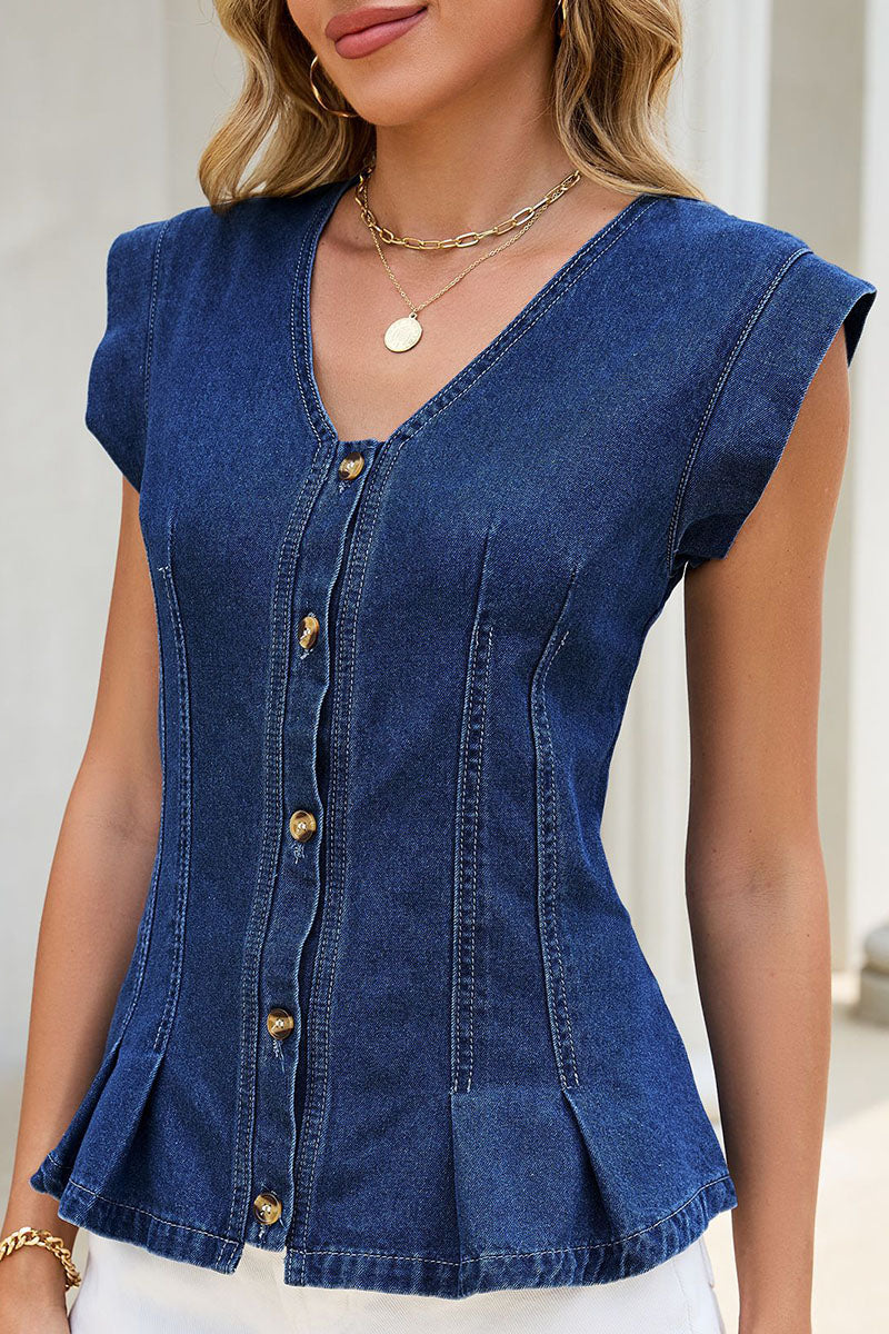Button V-Neck Denim Vest