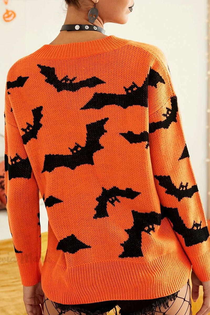 Bat Print Crew Neck Knit Sweater