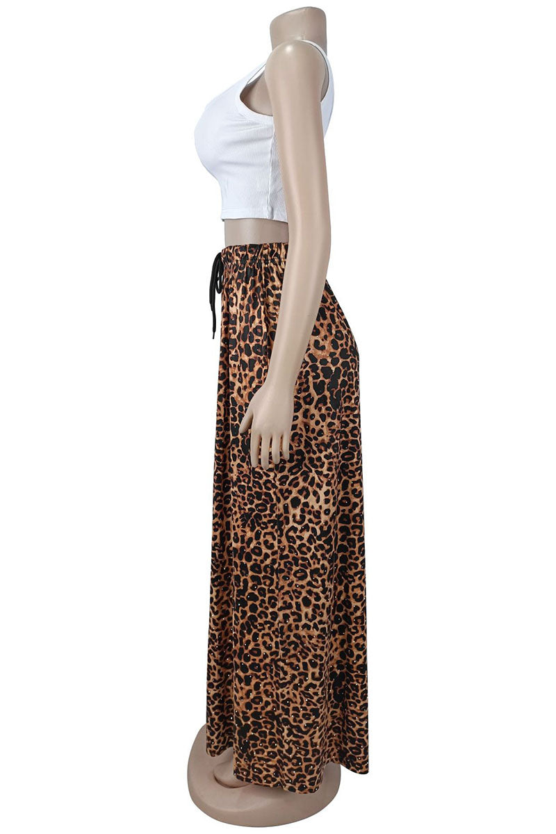 Animal Print Drawstring Wide Leg Casual Pants