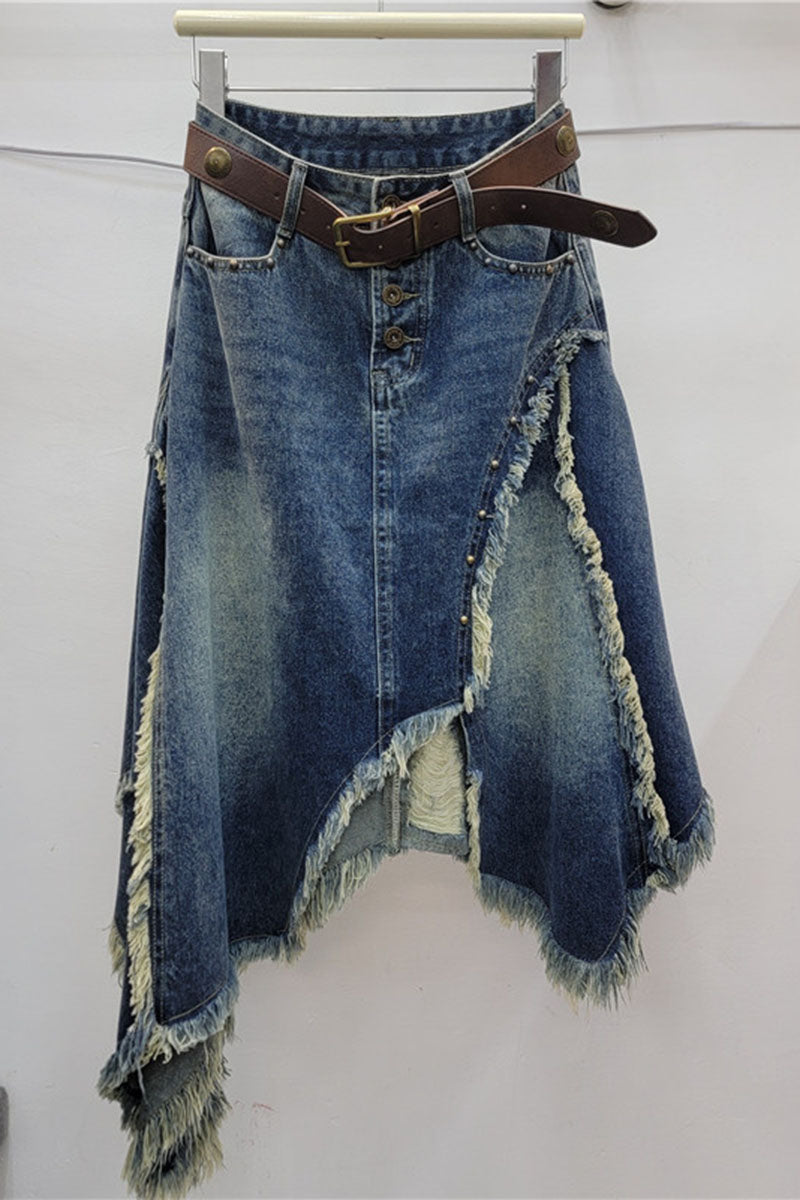 Asymmetric Frayed Hem Denim Skirt