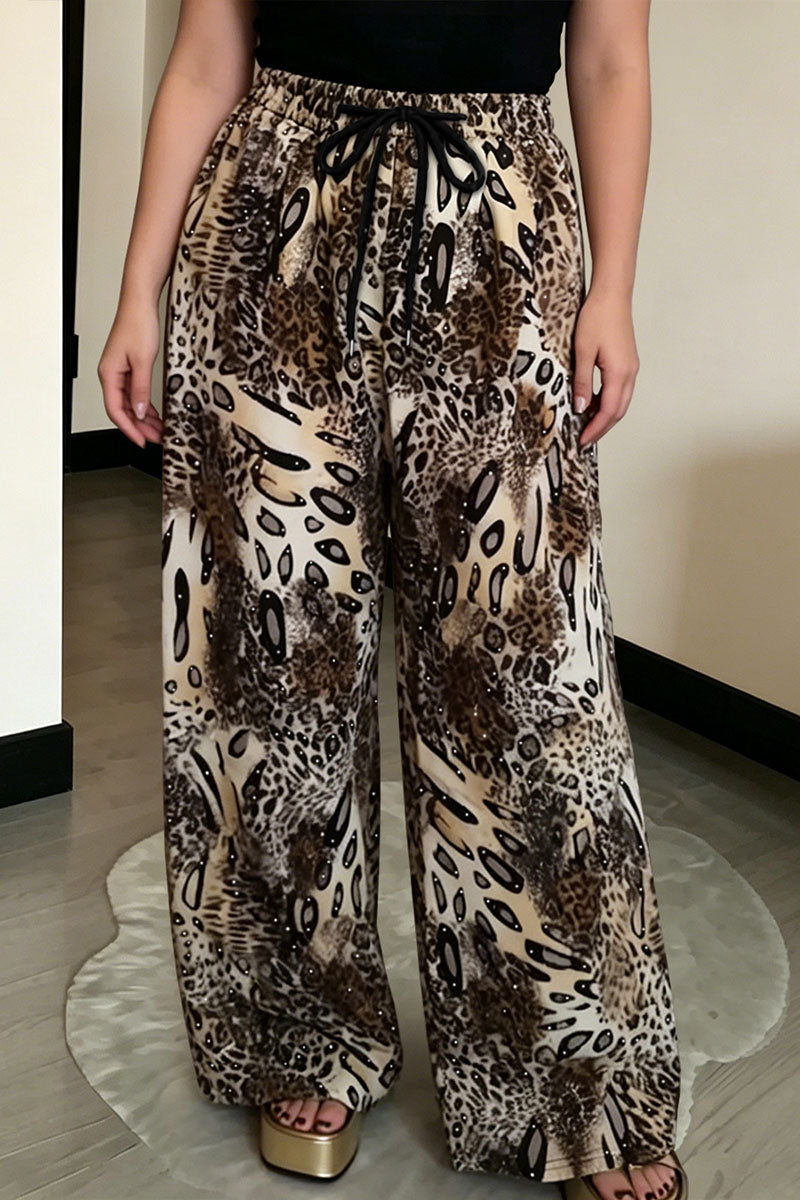 Animal Print Drawstring Wide Leg Casual Pants