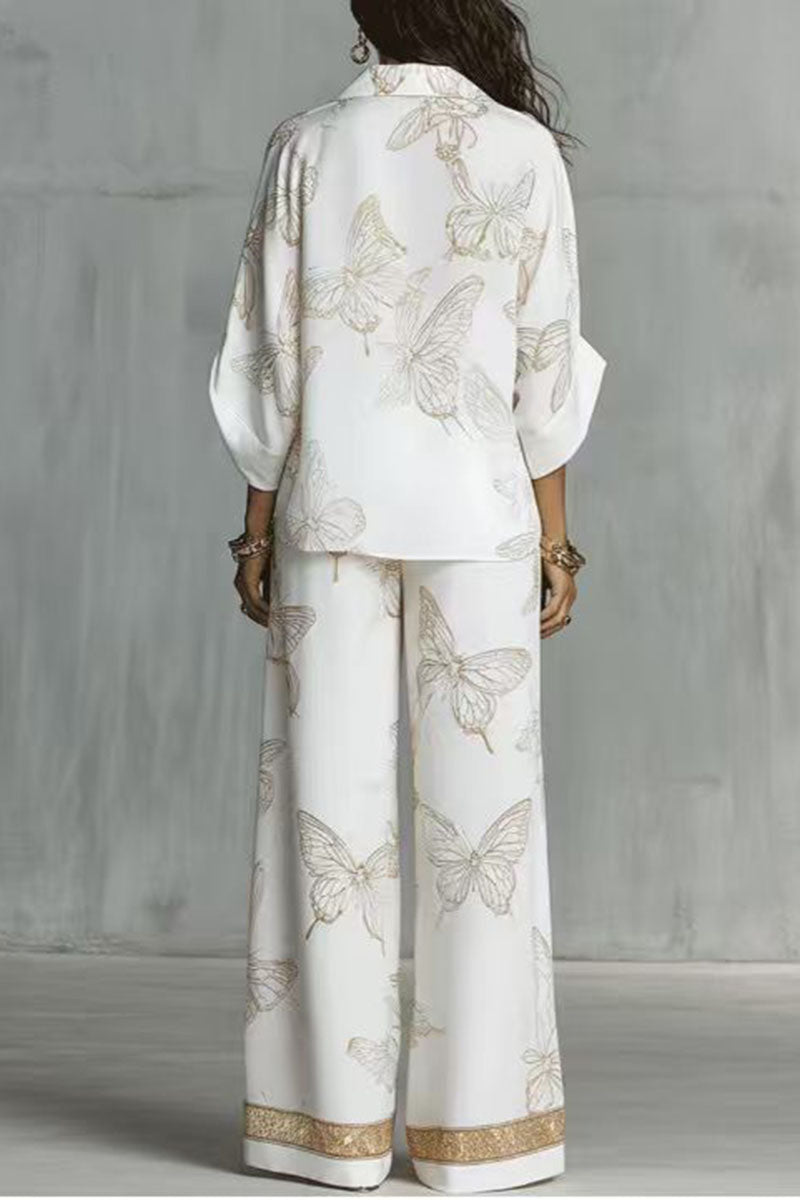 Butterfly Print Zip Front Wide Leg Pants Set