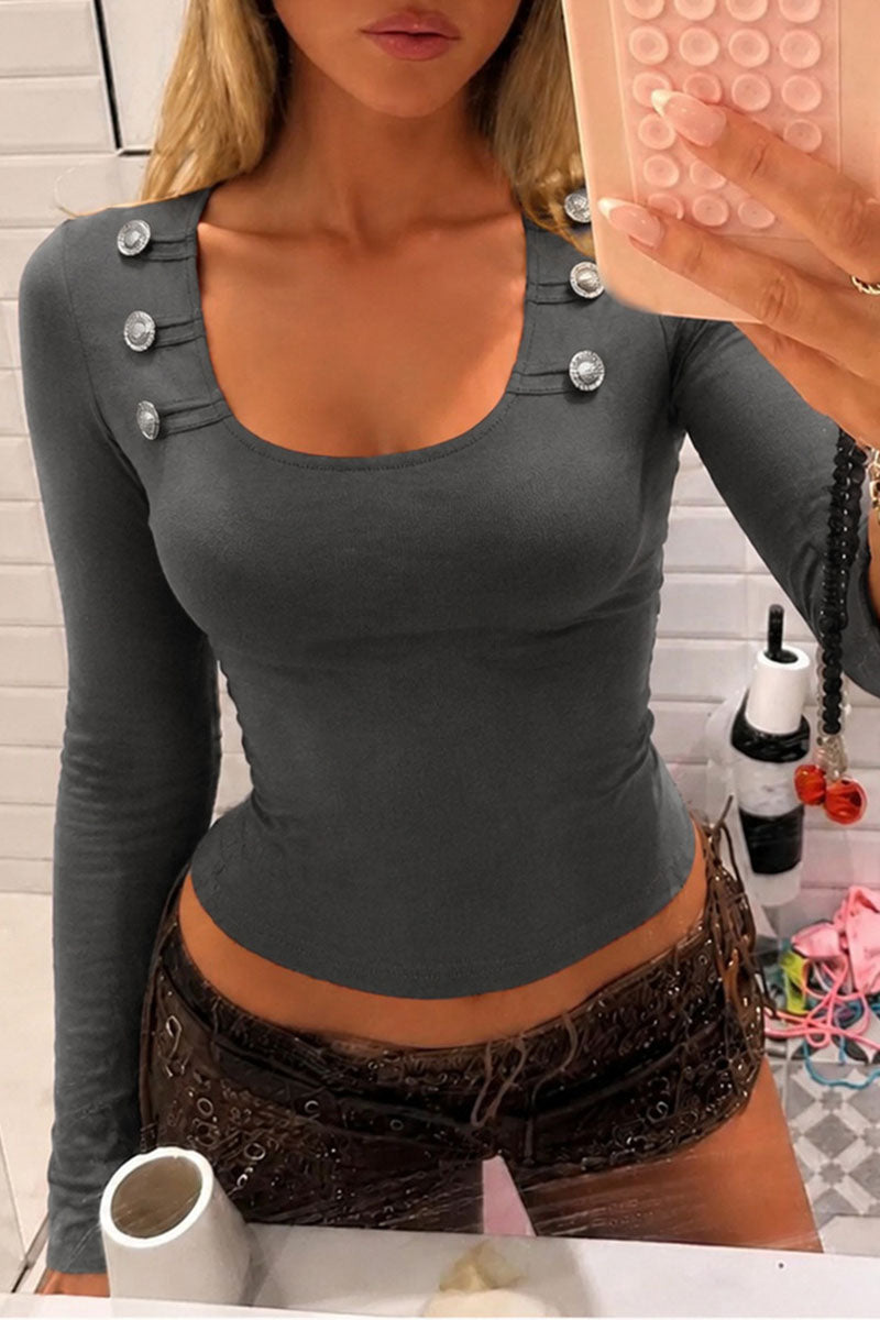 Button Square Neck Long Sleeve Blouse