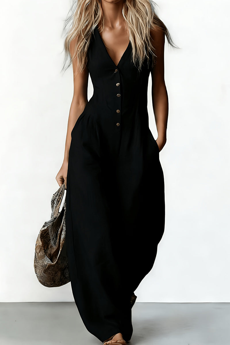 Button Front Deep V-Neck Wide Leg Jumpsuit