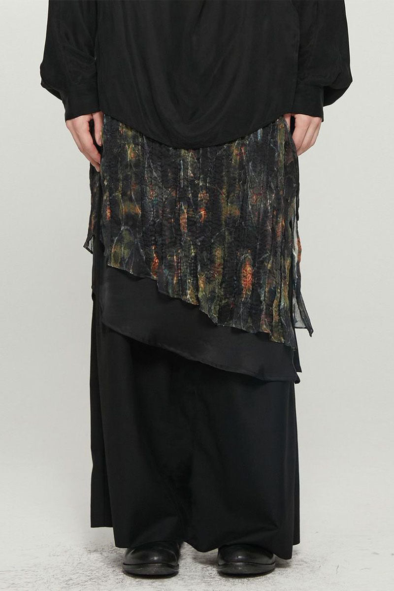 Abstract Print Pleated Asymmetrical Overlay Skirt