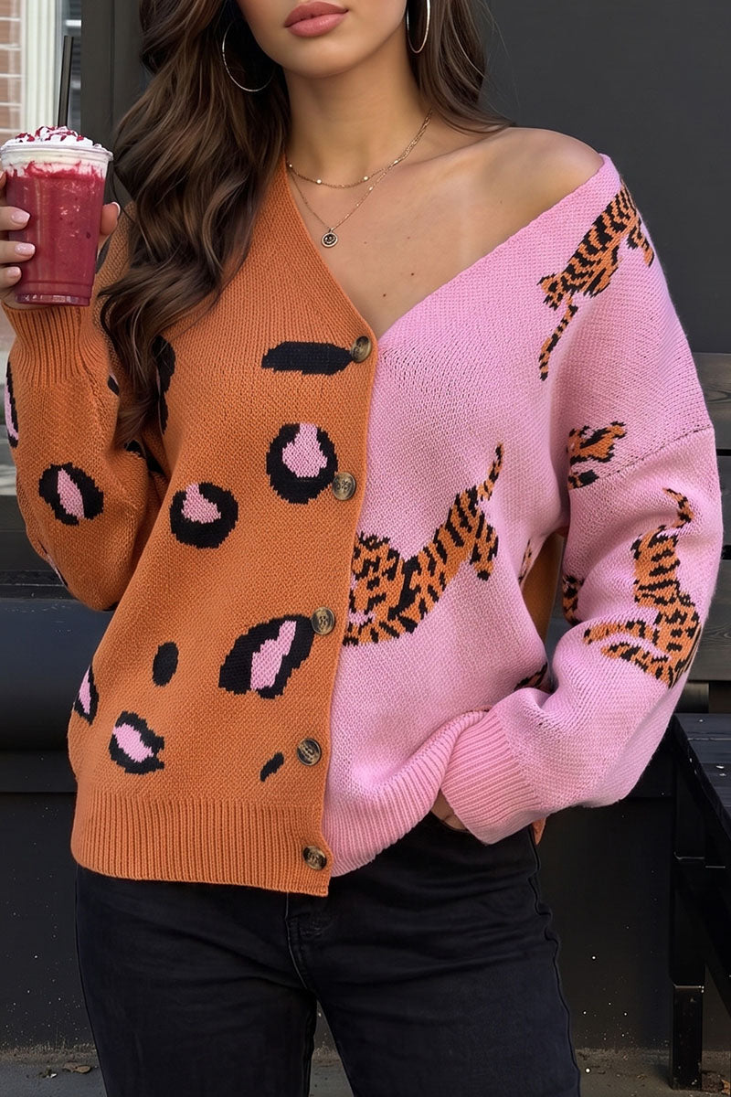 Animal Print V-Neck Button Front Cardigan